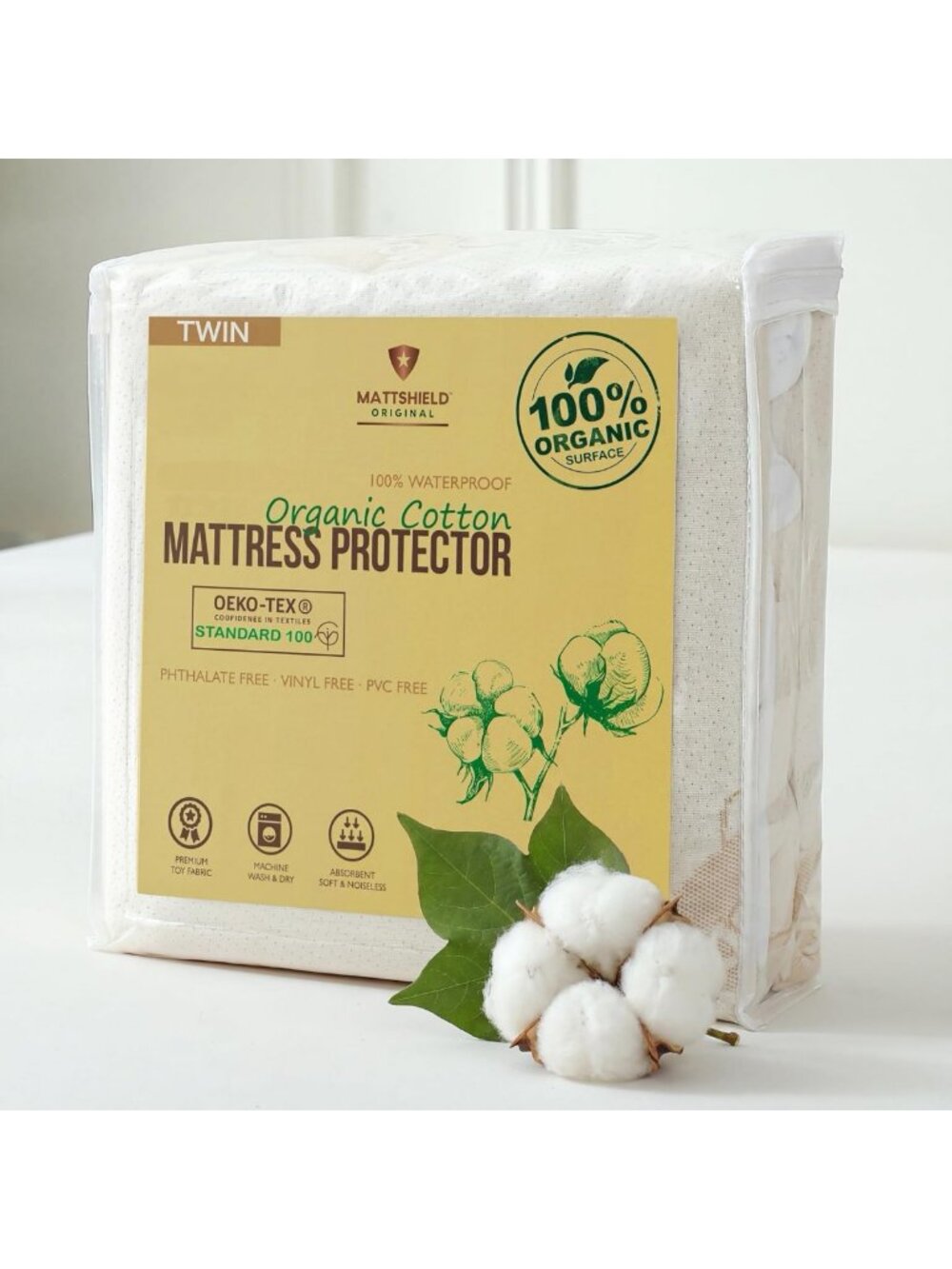 Waterproof Twin Organic Mattress Protector - Soft Cotton, Noiseless, Deep Pocket